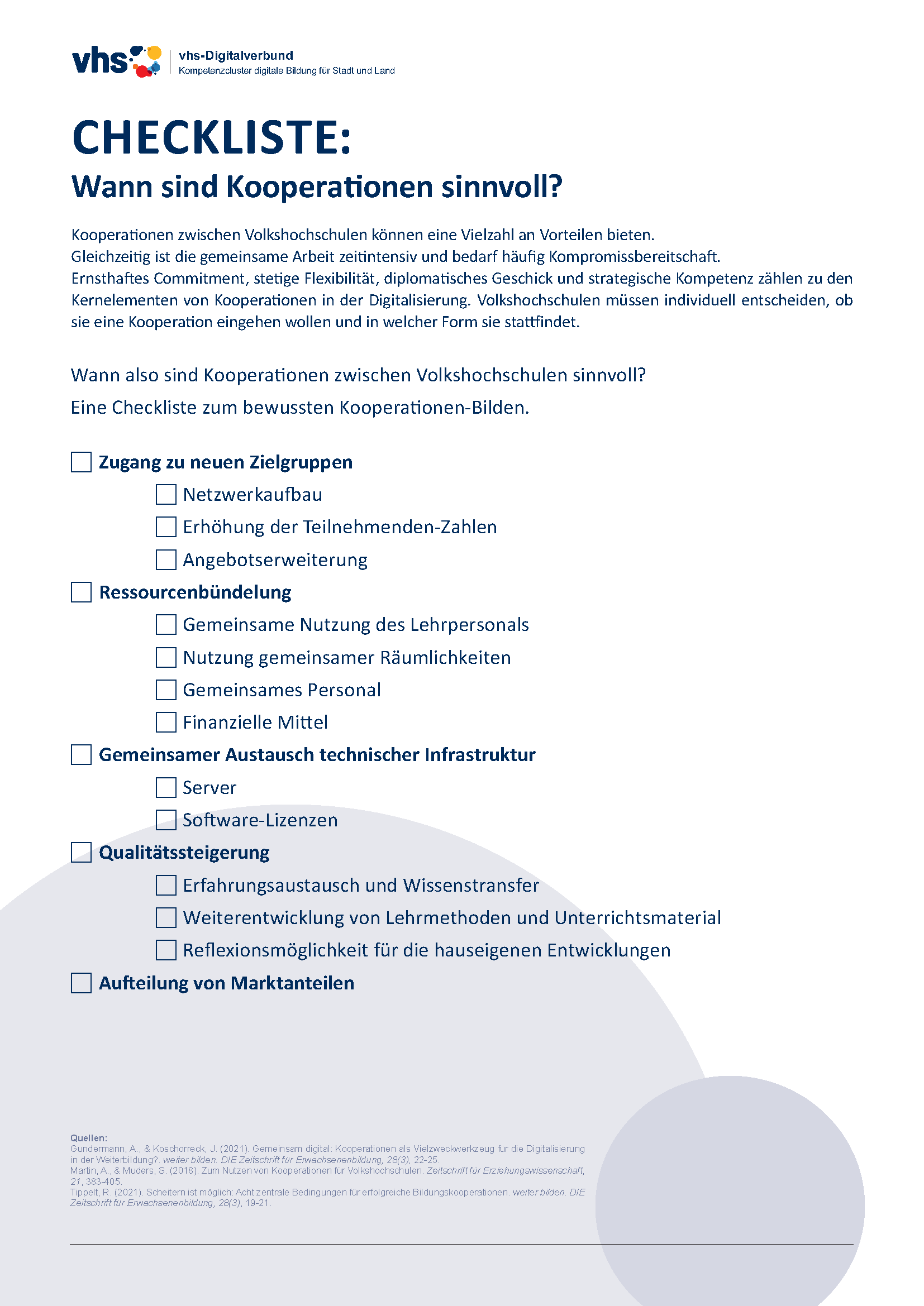 Deckblatt Kompetenzcluster: Checkliste: wann sind Kooperationen sinnvoll?