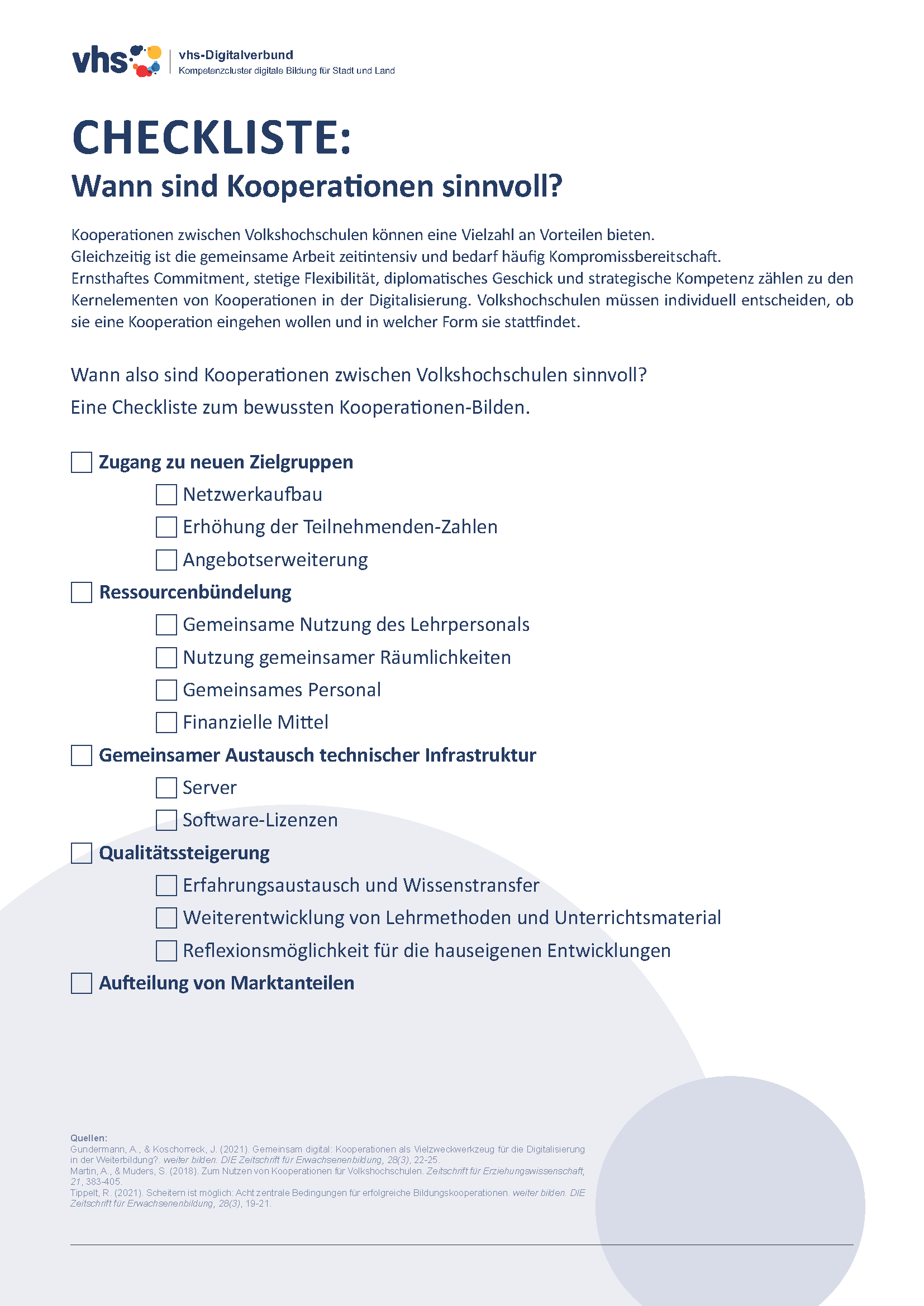 Deckblatt Kompetenzcluster: Checkliste: Wann sind Kooperationen sinnvoll?
