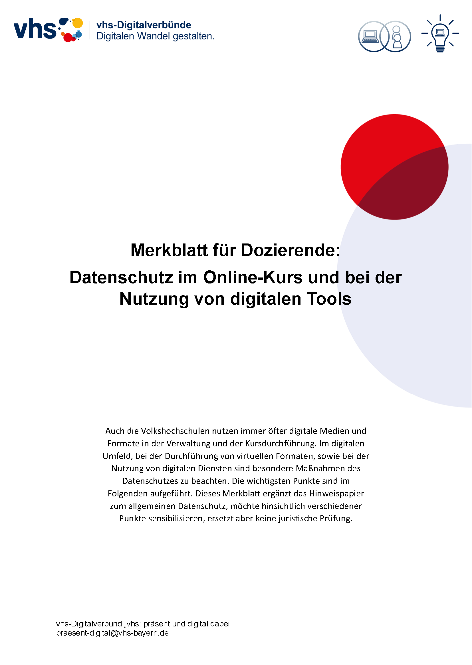 Deckblatt vhs:: präsent und digital dabei: Merkblatt zum Datenschutz für Dozierende