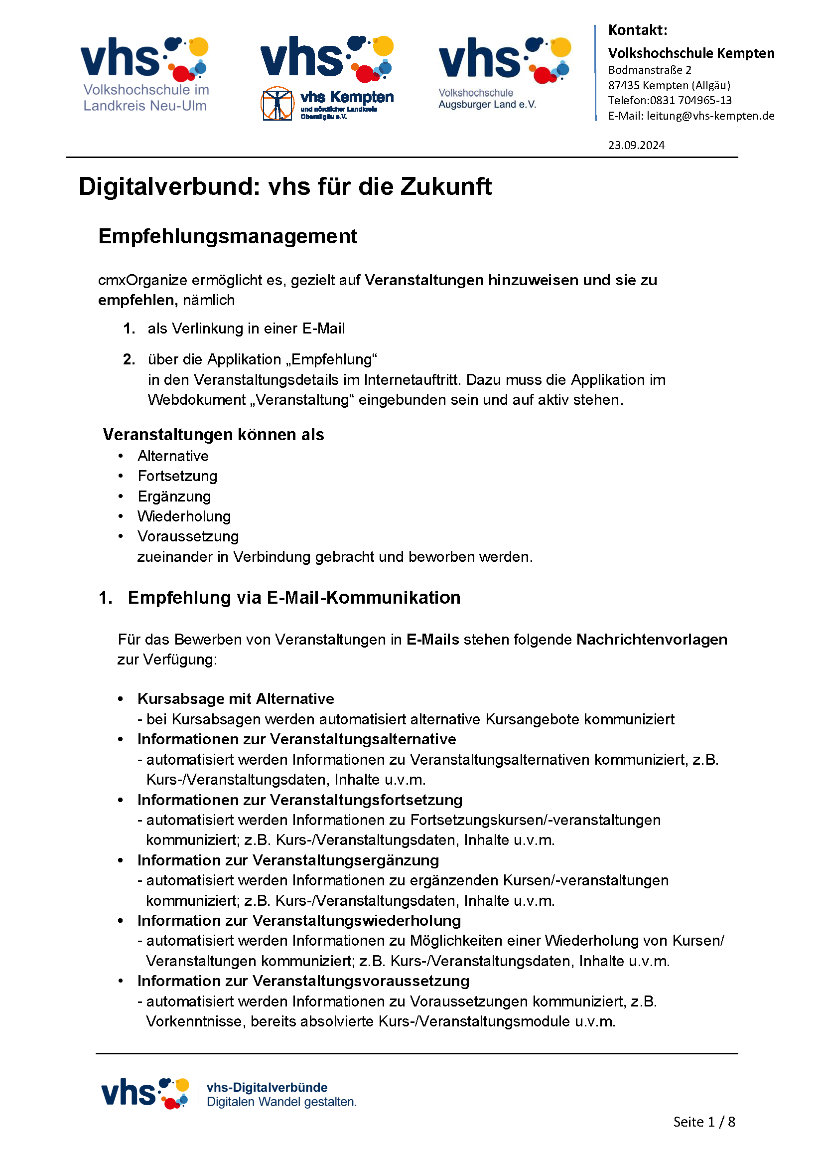 Deckblatt vhs für die Zukunft: Empfehlungsmanagement in cmx - Weiterentwicklung